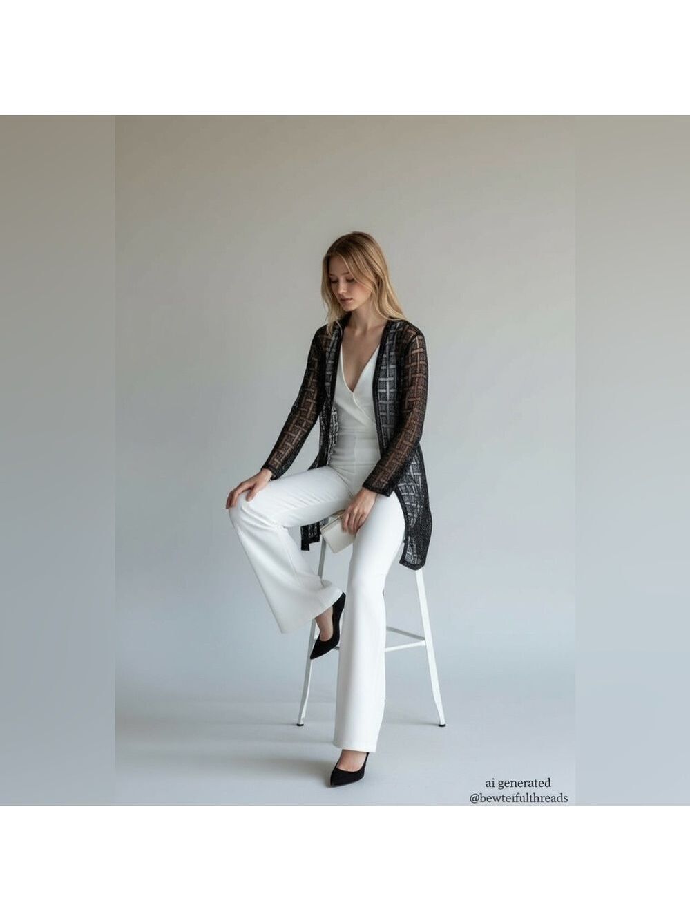 Vintage Black Fully Beaded Long Mesh Duster Jacket | Open Front Statement